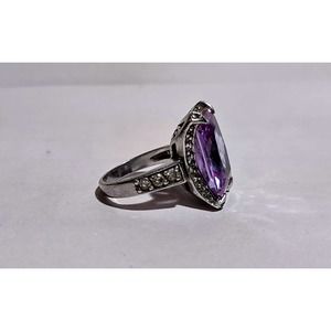 Vintage Size 8 Sterling Silver Large Purple Glass Stone Ring with CZ accents